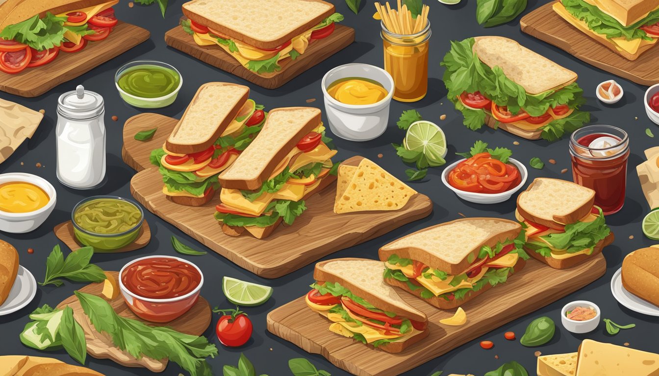 A colorful array of sandwiches, tacos, and toast arranged on a rustic wooden table, surrounded by fresh ingredients and condiments