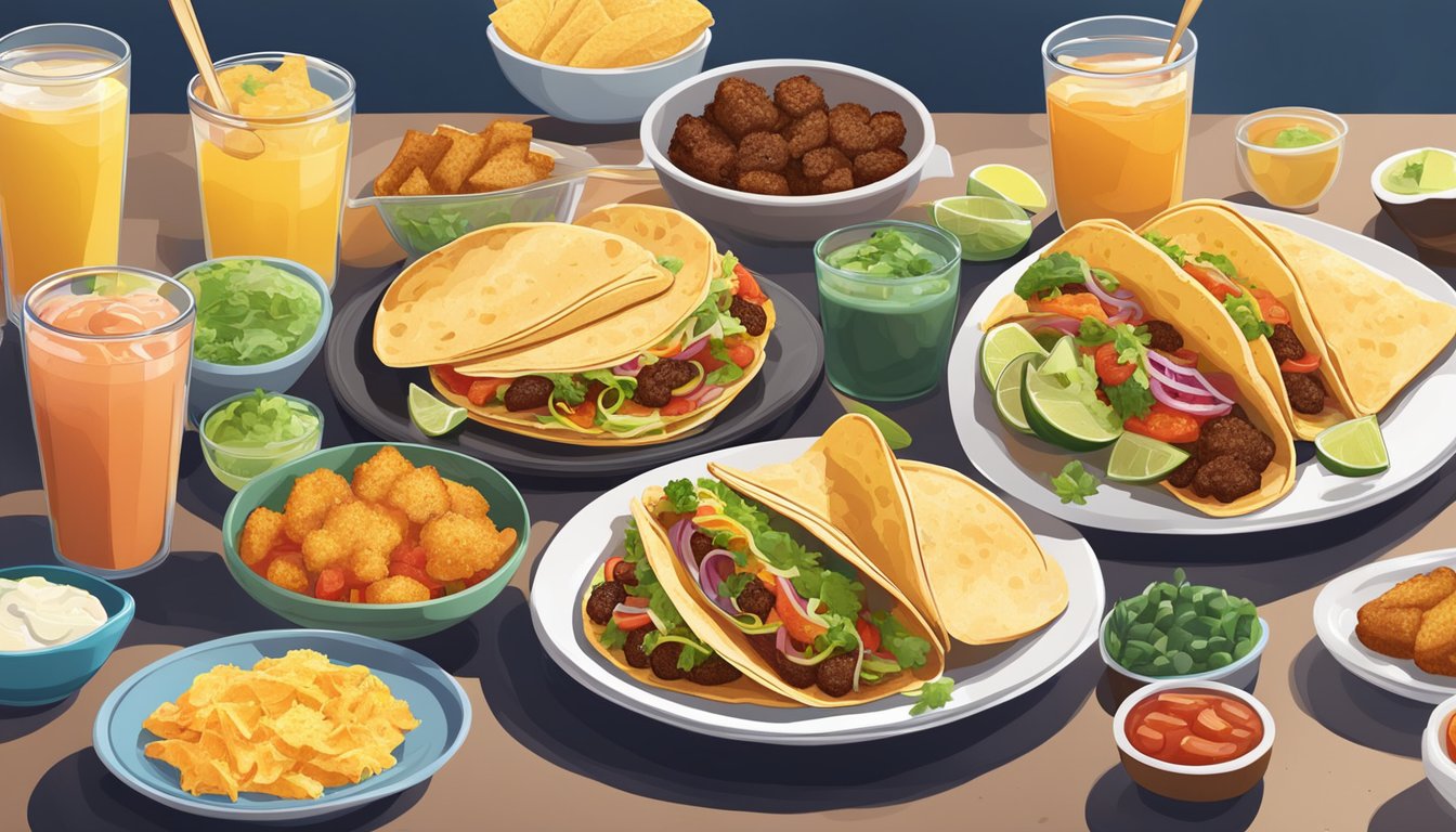 A colorful spread of crispy tacos, fluffy toast, and assorted sides on a breakfast table