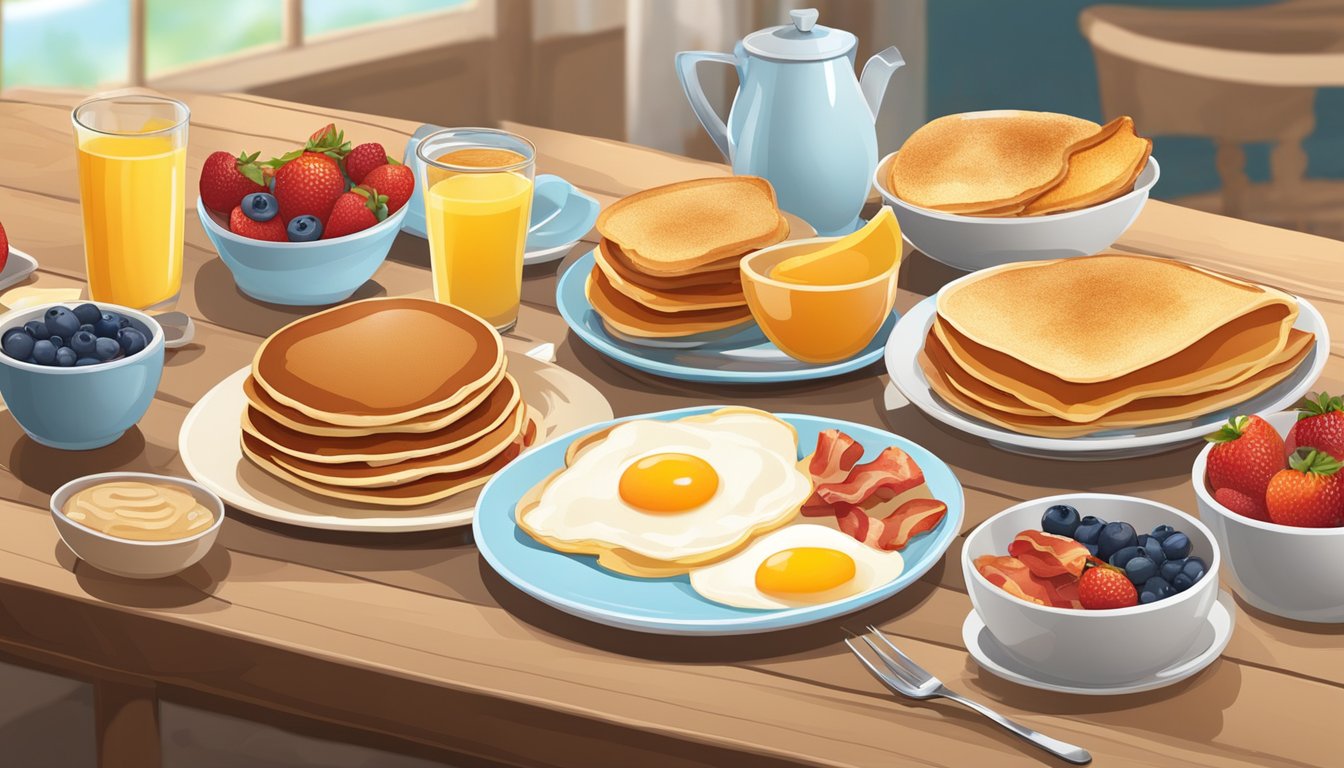 A table set with a variety of breakfast items: pancakes, eggs, bacon, fruit, and toast, all arranged in an inviting and appetizing display