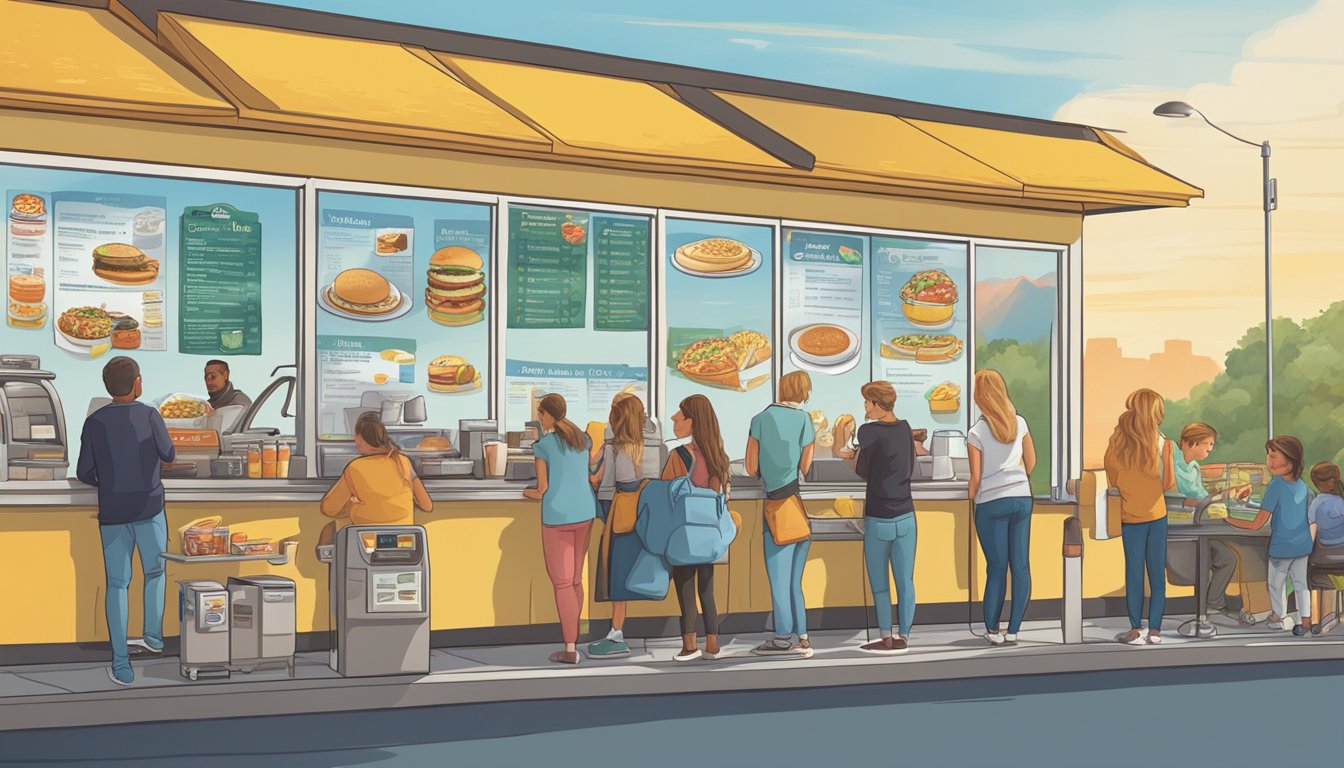 A busy drive-thru window at Jack's with a variety of breakfast options displayed on the menu board. Customers in cars waiting in line