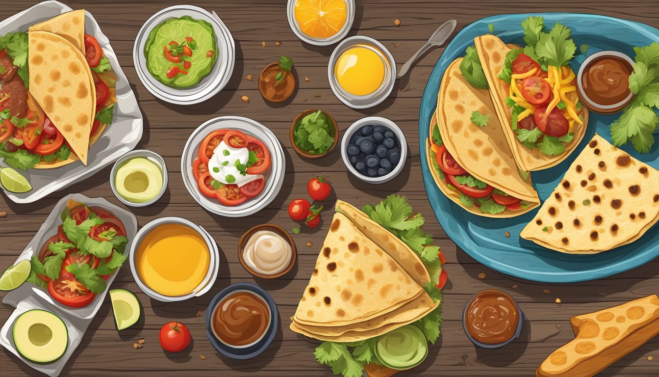 A colorful spread of various breakfast items, from tacos to toast, arranged on a rustic wooden table with fresh ingredients and vibrant flavors