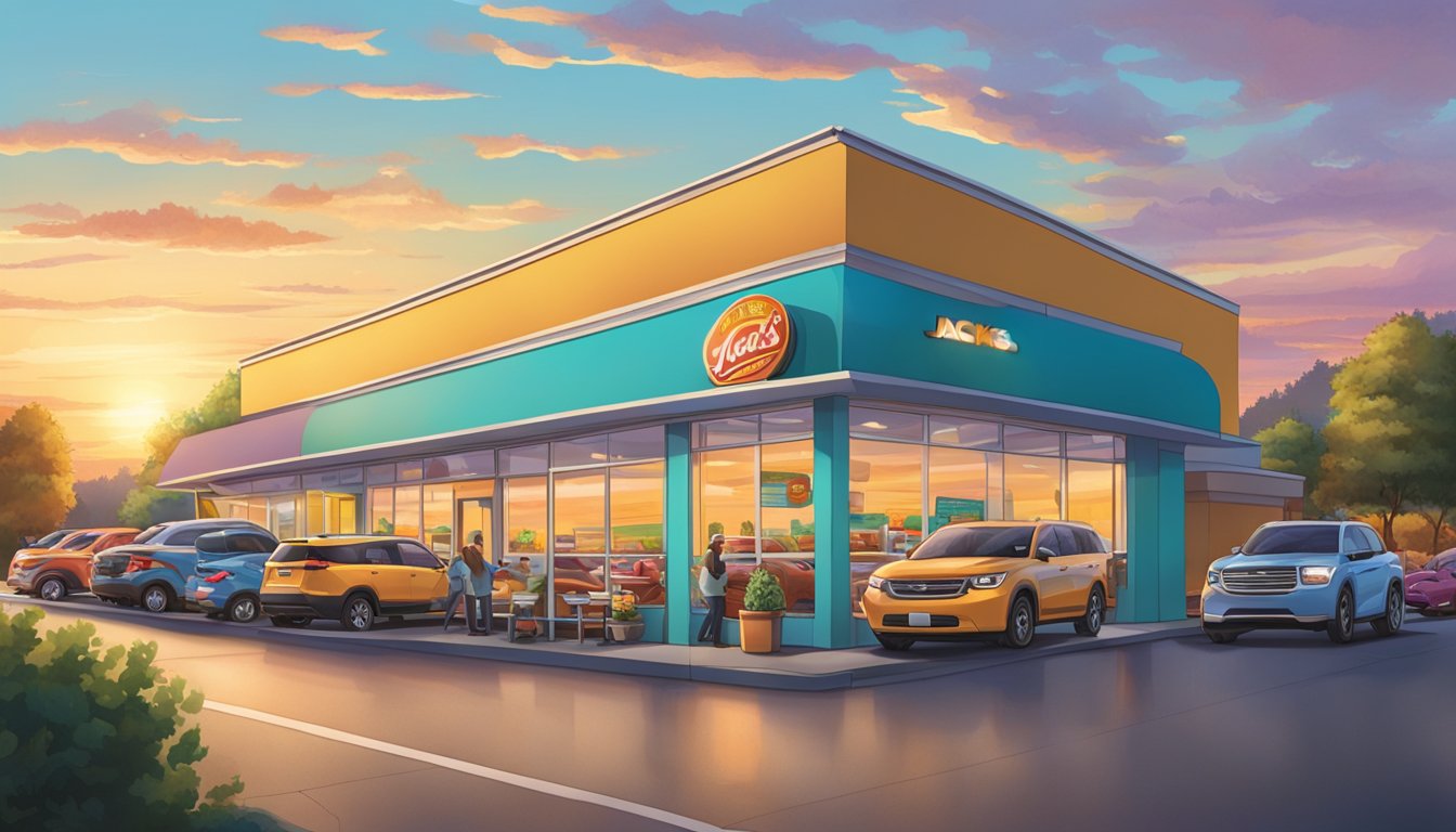 A busy drive-thru at Jack's with cars lined up under a colorful sunrise, as employees hustle to serve breakfast items through the window