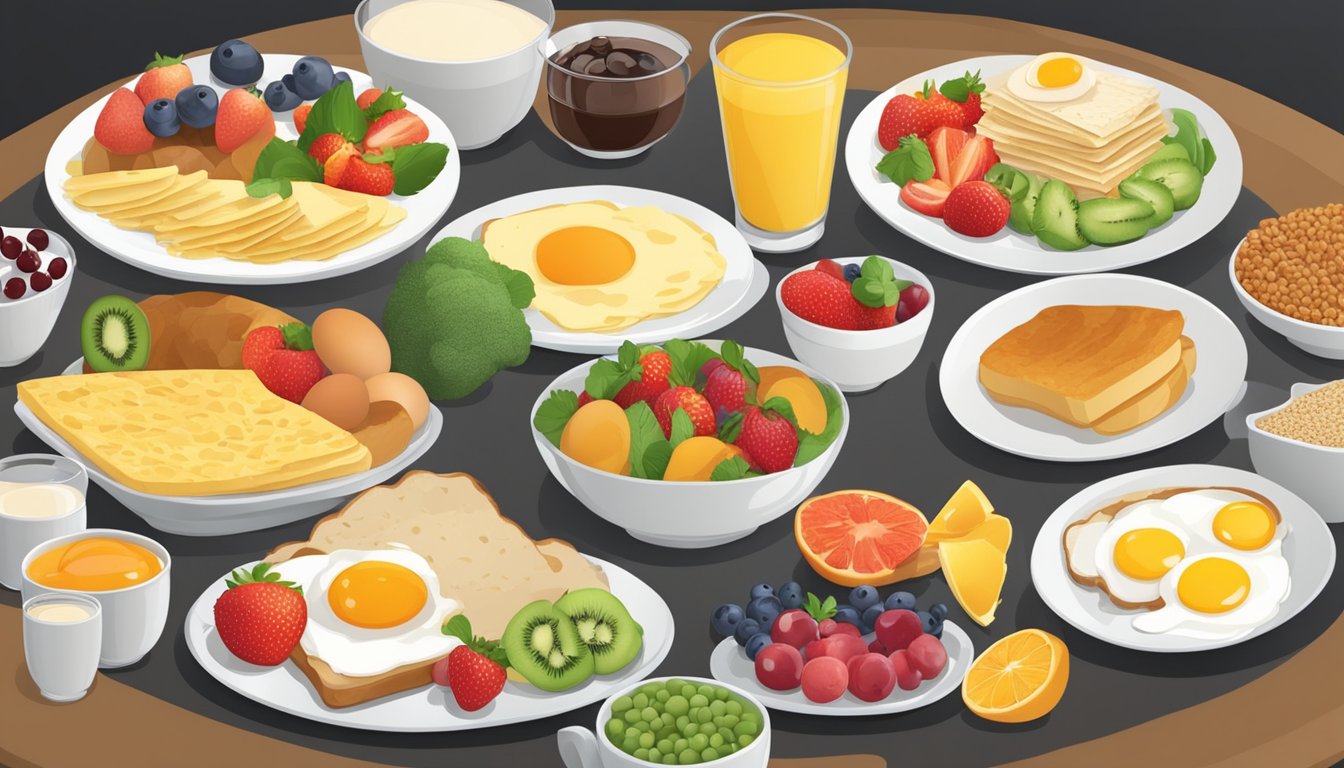 A table set with multiple breakfast platters, each containing a variety of nutritious and delicious foods, including fruits, eggs, whole grains, and lean proteins