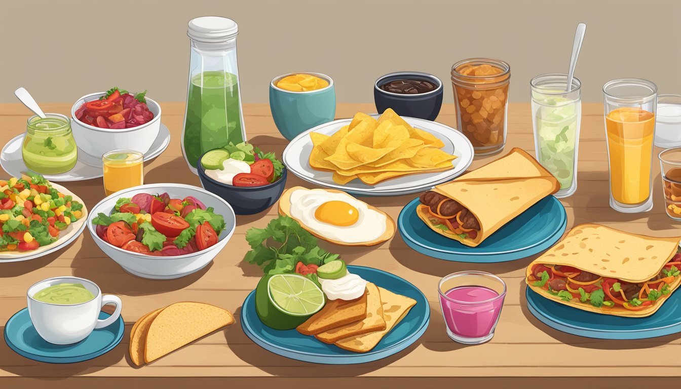 A colorful spread of various breakfast items, including tacos and toast, arranged on a table