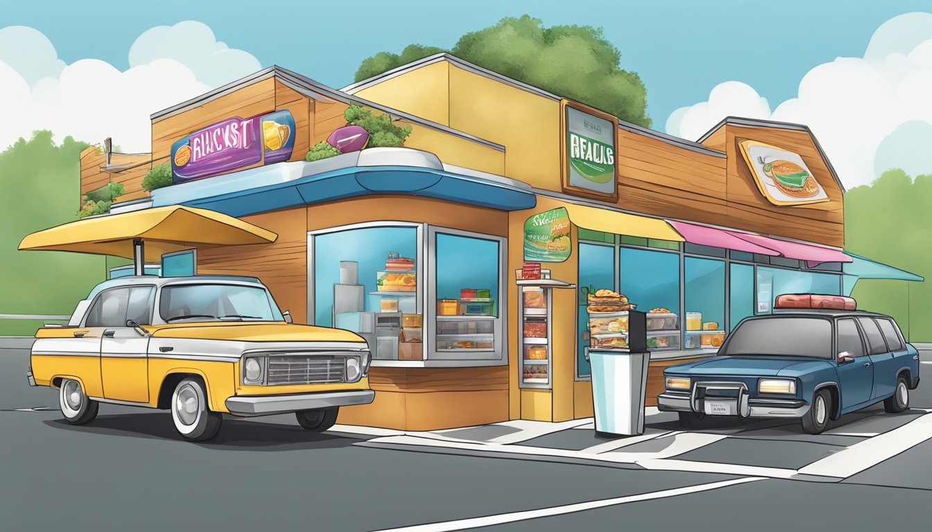 A bustling drive-thru with a colorful menu board, a steaming coffee pot, and a variety of breakfast items on display