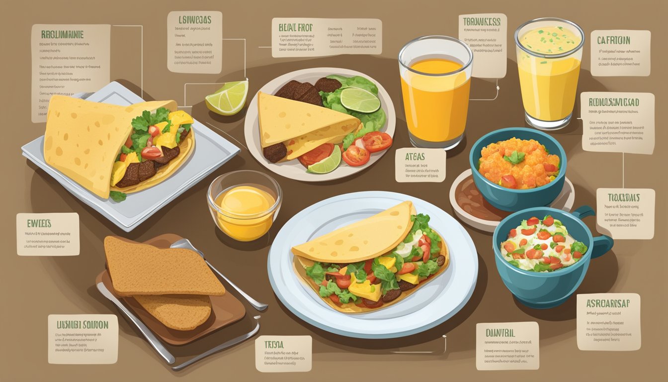 A table displays a variety of breakfast foods, including tacos and toast, with corresponding nutritional information