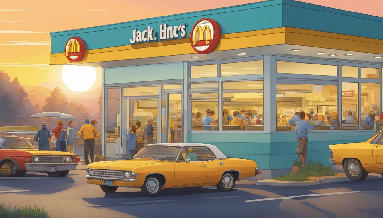 A bustling drive-thru at dawn: Jack's staff swiftly serve hot breakfasts as cars line up under the golden arches