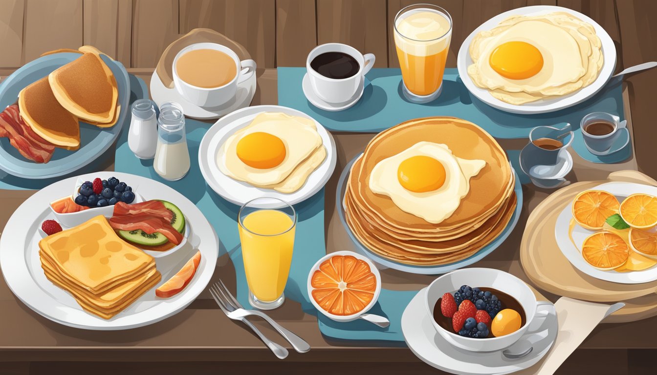 A table set with a variety of breakfast platters, including pancakes, eggs, bacon, and fruit. A selection of beverages, such as coffee, orange juice, and water, are also displayed