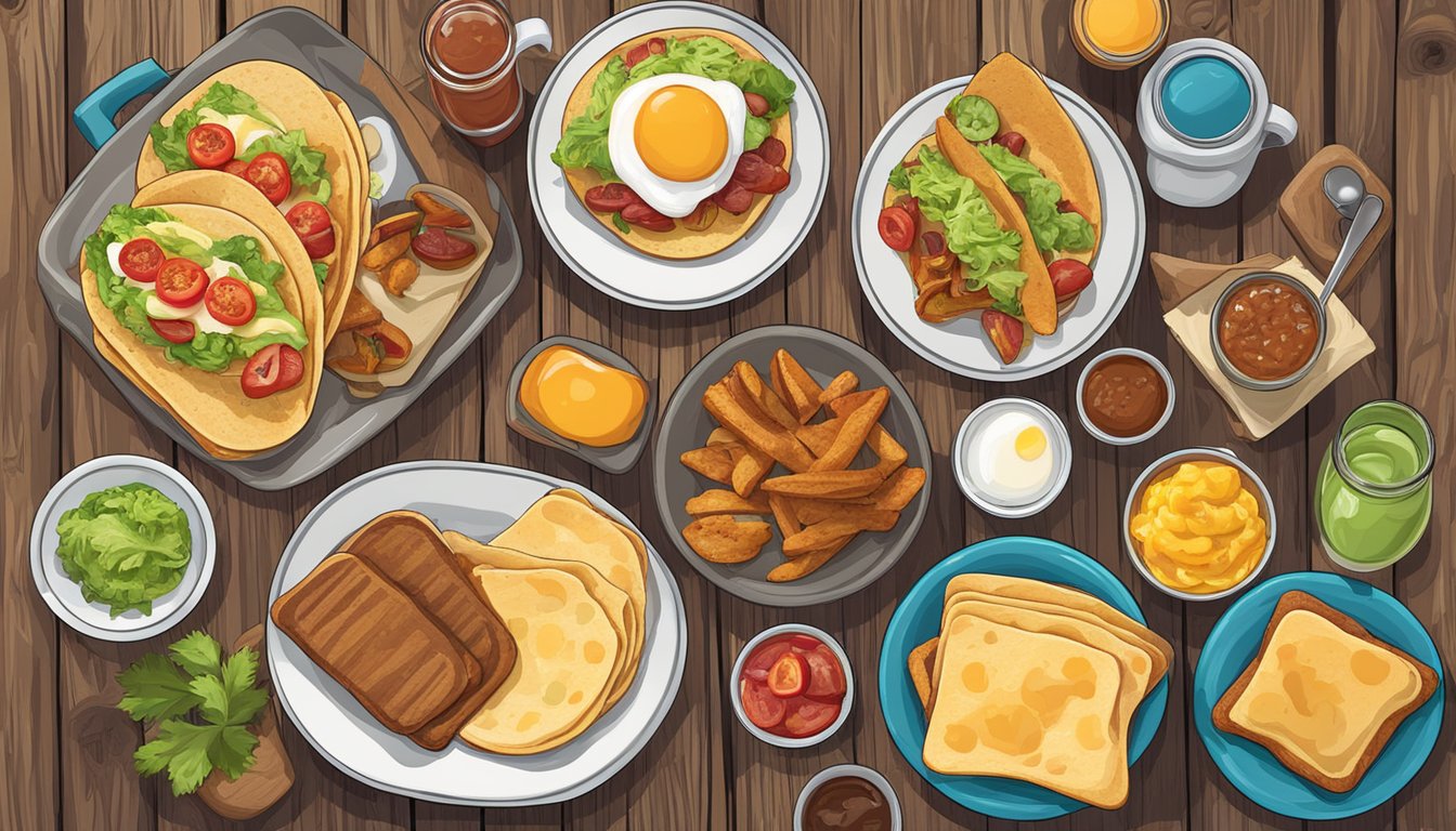 A colorful spread of assorted breakfast items, from tacos to toast, arranged on a rustic wooden table