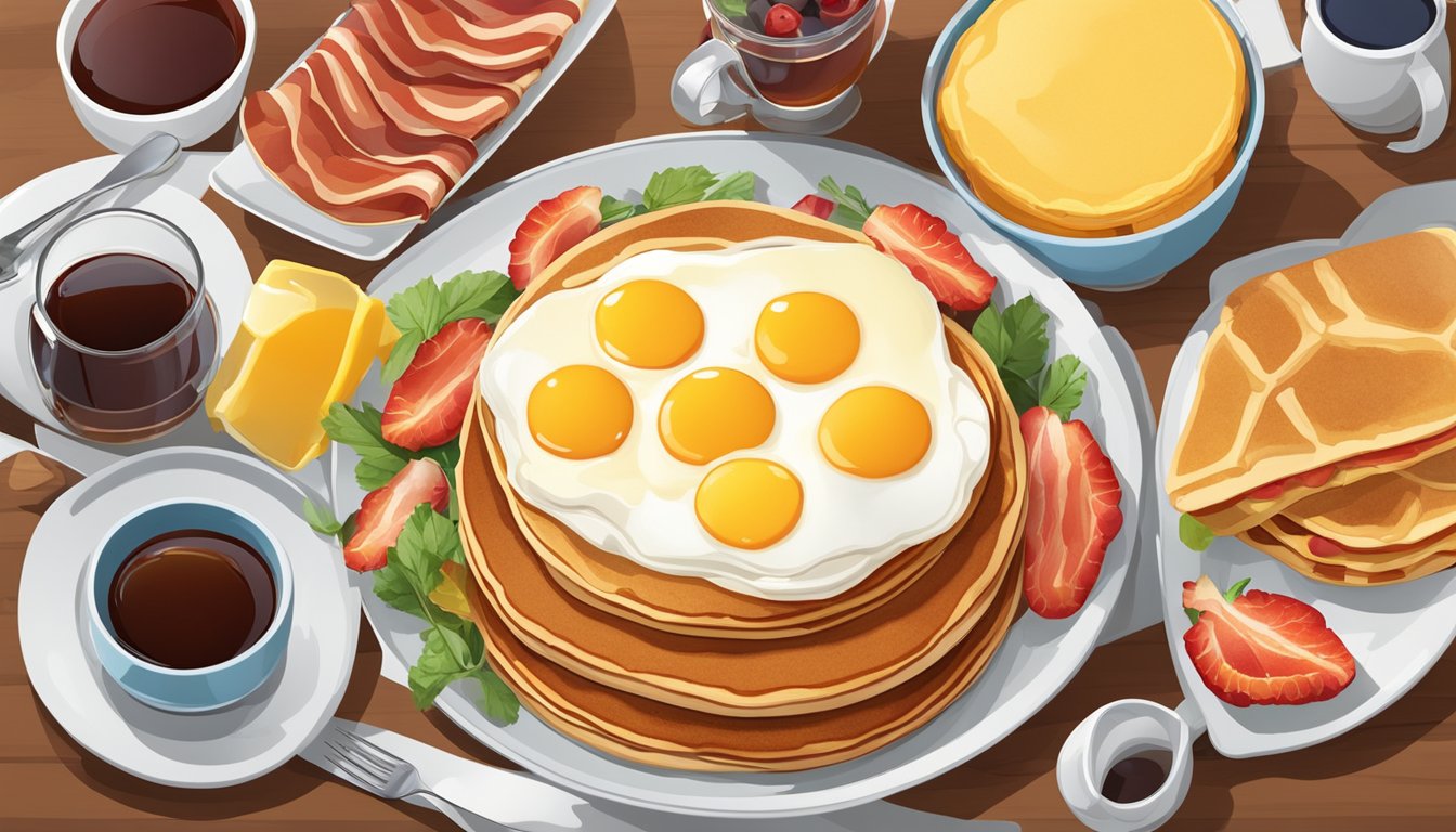 A colorful array of breakfast items, including pancakes, eggs, bacon, and fruit, arranged on a platter with a side of syrup and butter