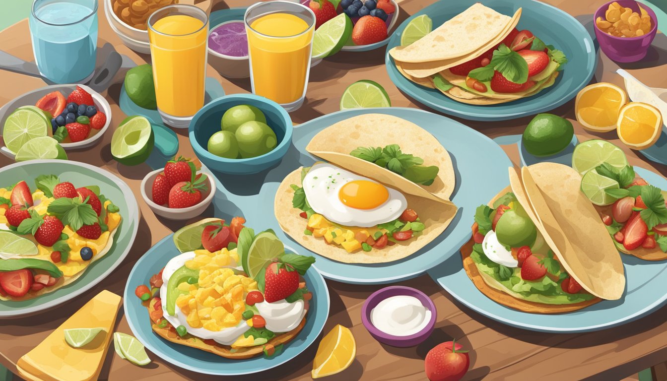 A colorful spread of breakfast items including tacos, toast, fruit, and eggs arranged on a table