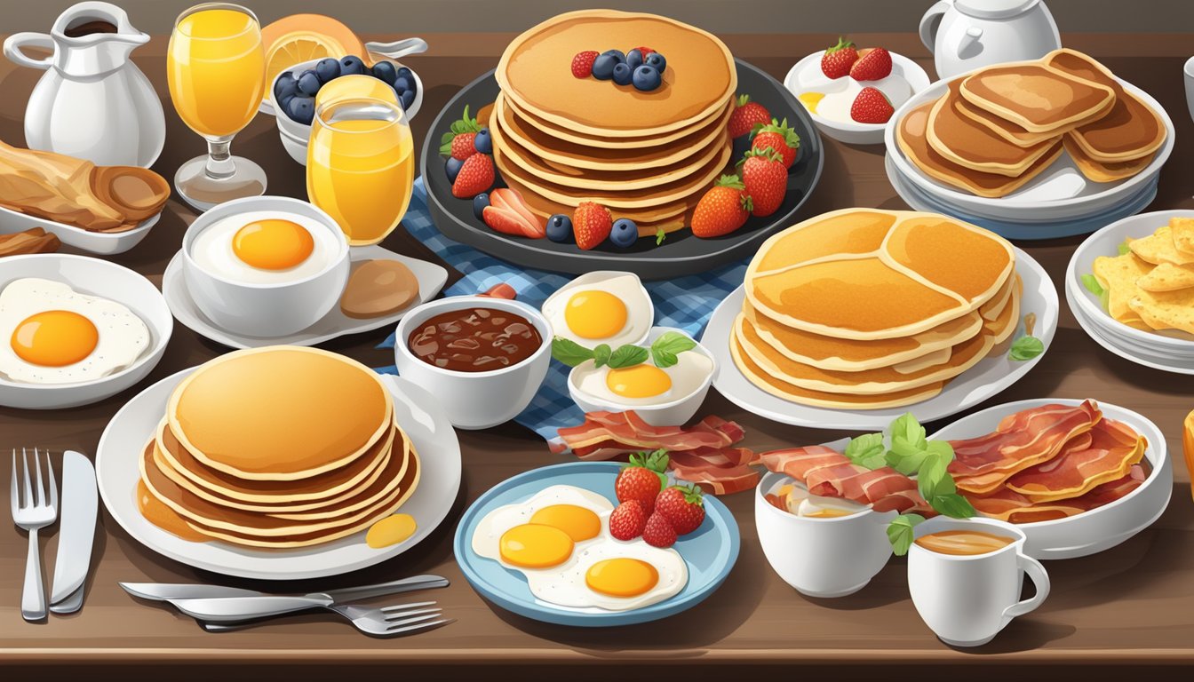 A table set with a variety of breakfast items, including eggs, bacon, pancakes, and fresh fruit, all arranged beautifully on high-quality dishware