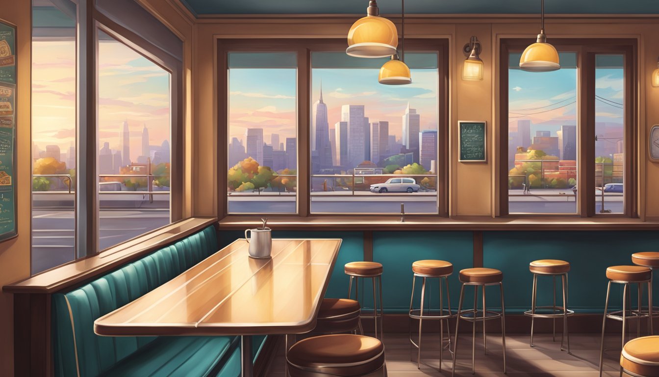 A cozy diner with a retro feel, featuring a counter lined with stools, a chalkboard menu, and a window with a view of the city street