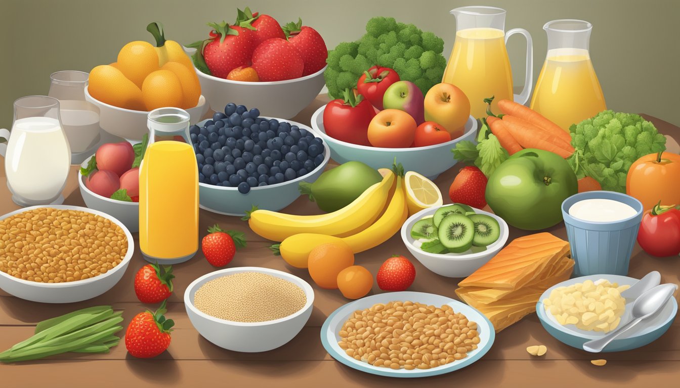 A colorful array of fresh fruits, vegetables, whole grains, and lean proteins displayed on a breakfast table