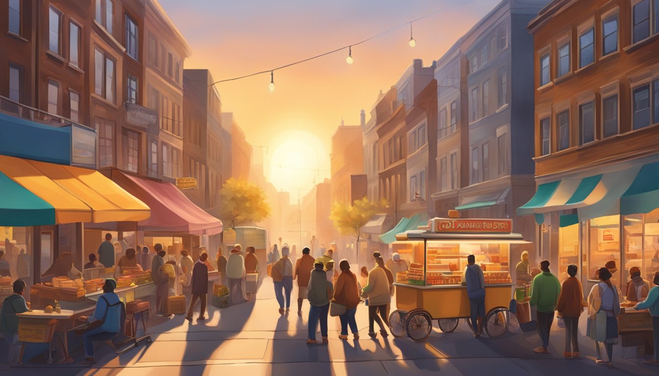 A bustling city street with a small hot dog cart surrounded by customers. The sun is rising, casting a warm glow on the scene