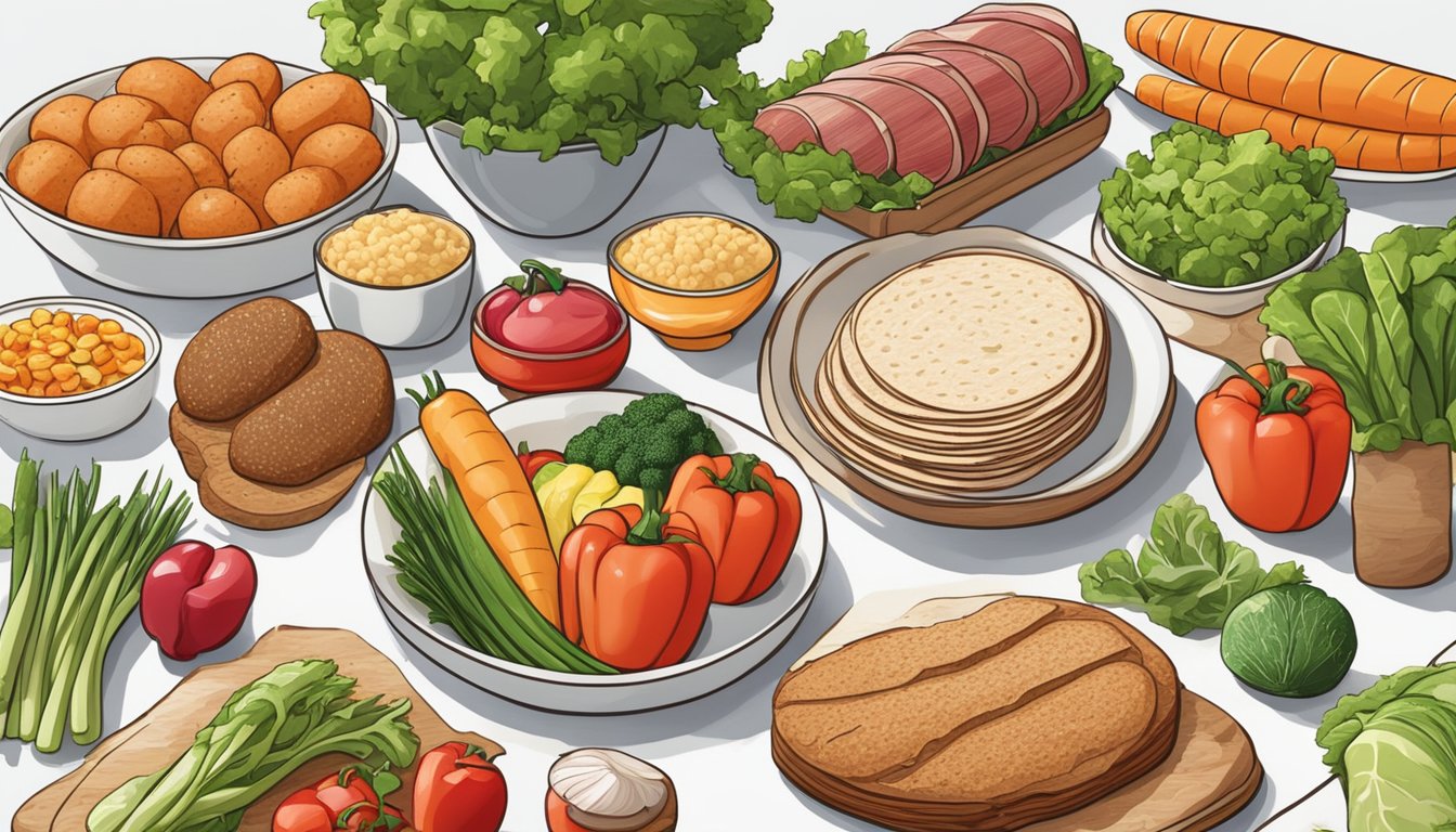 A colorful array of fresh vegetables, lean meats, and whole grain breads and wraps are neatly arranged on a clean, white countertop