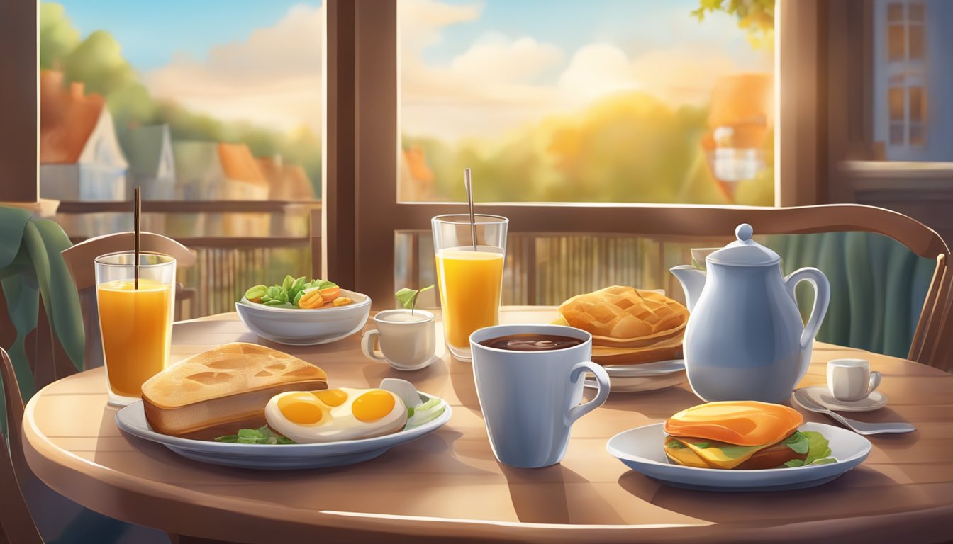 A cozy cafe scene with a table set for breakfast at dinner time, featuring a variety of morning foods and drinks