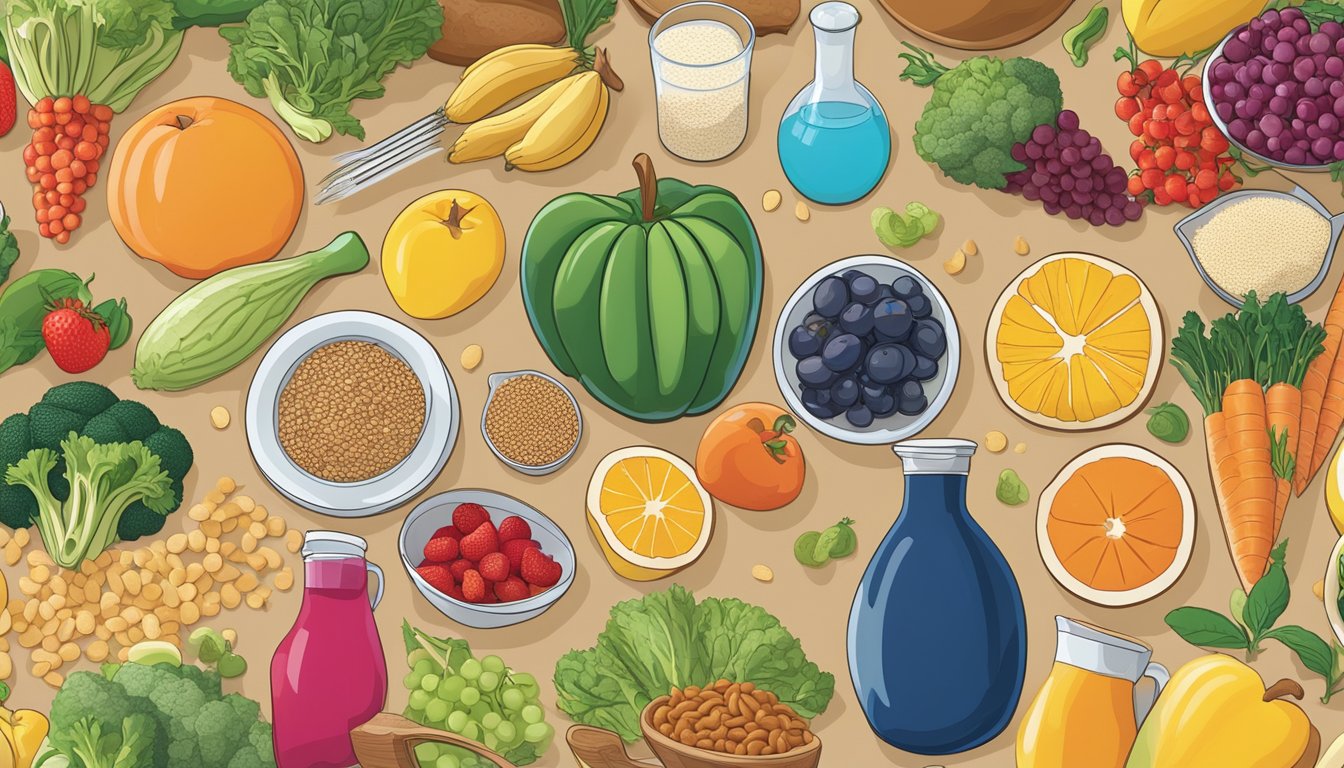 A colorful array of fruits, vegetables, whole grains, and lean proteins arranged on a breakfast table. A microscope hovers above, highlighting the nutritious components of the meal