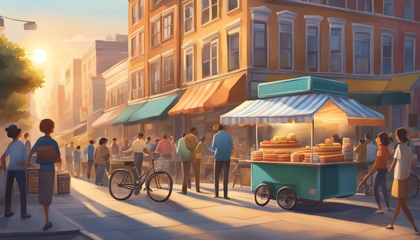 A bustling city street with a small hot dog cart surrounded by eager customers, while the morning sun rises over the horizon