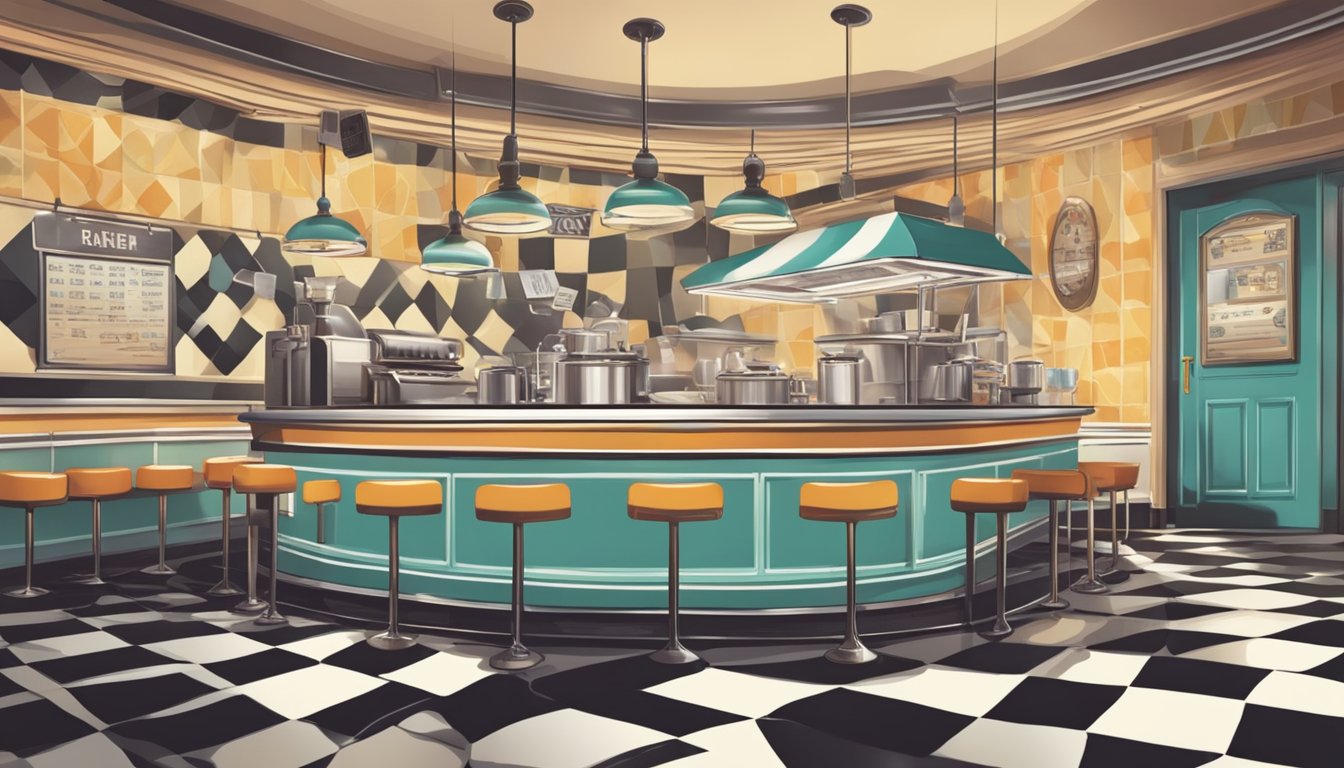 A cozy diner with a checkered floor and retro decor. A chalkboard menu displays breakfast items for dinner, with a focus on value deals