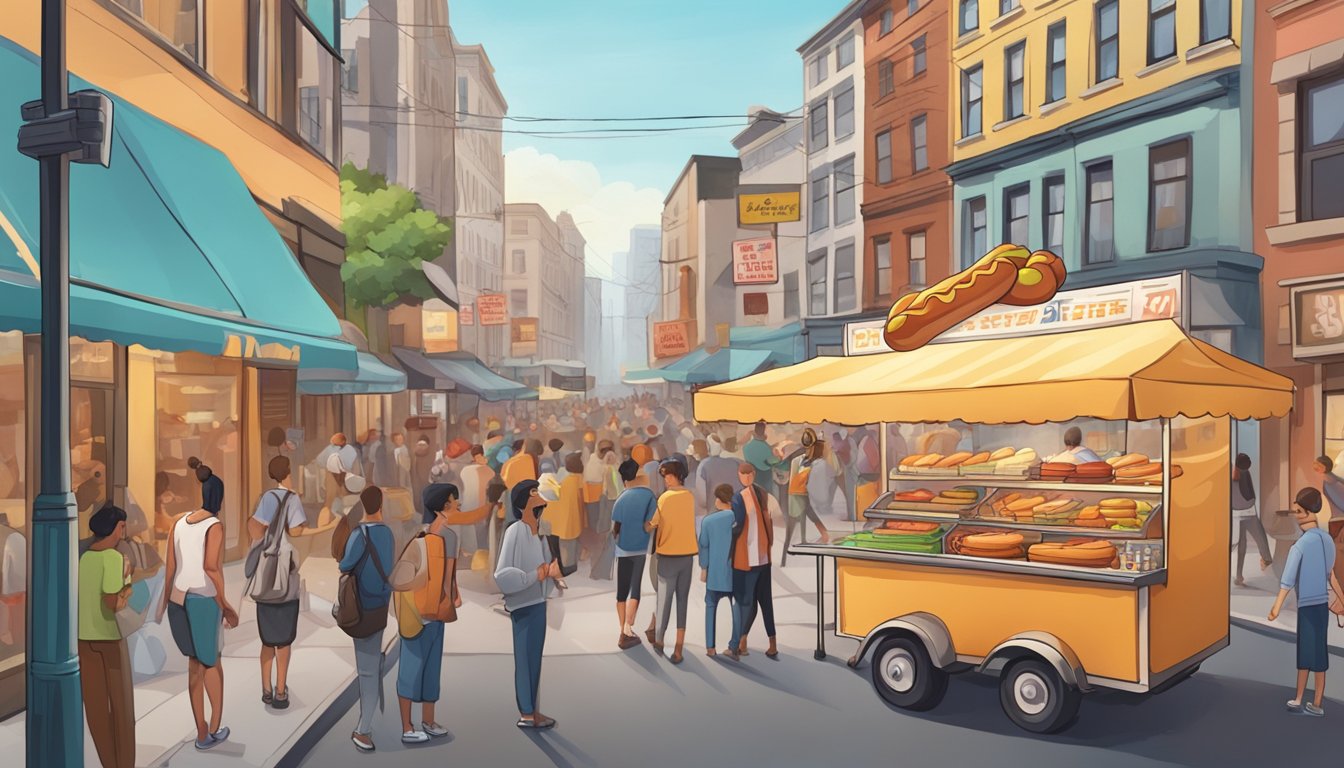 A bustling city street with a small hot dog cart at the center, surrounded by eager customers and a sense of excitement and potential