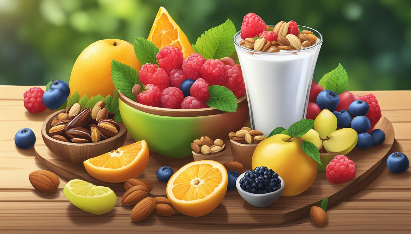 A colorful array of fresh fruits, nuts, and yogurt parfait displayed on a wooden table, surrounded by vibrant green foliage