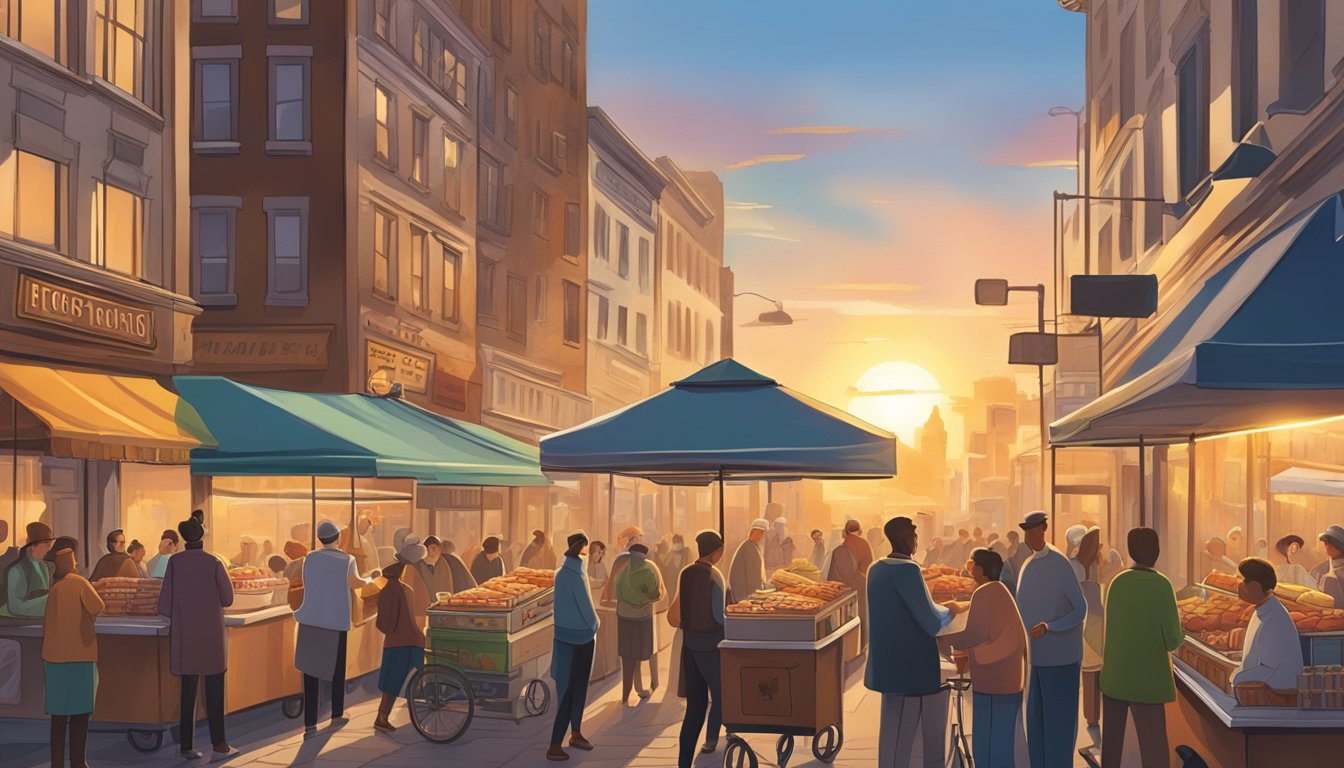 A bustling city street with a small hot dog cart surrounded by eager customers. In the background, a sunrise over the horizon symbolizes the birth of a breakfast empire