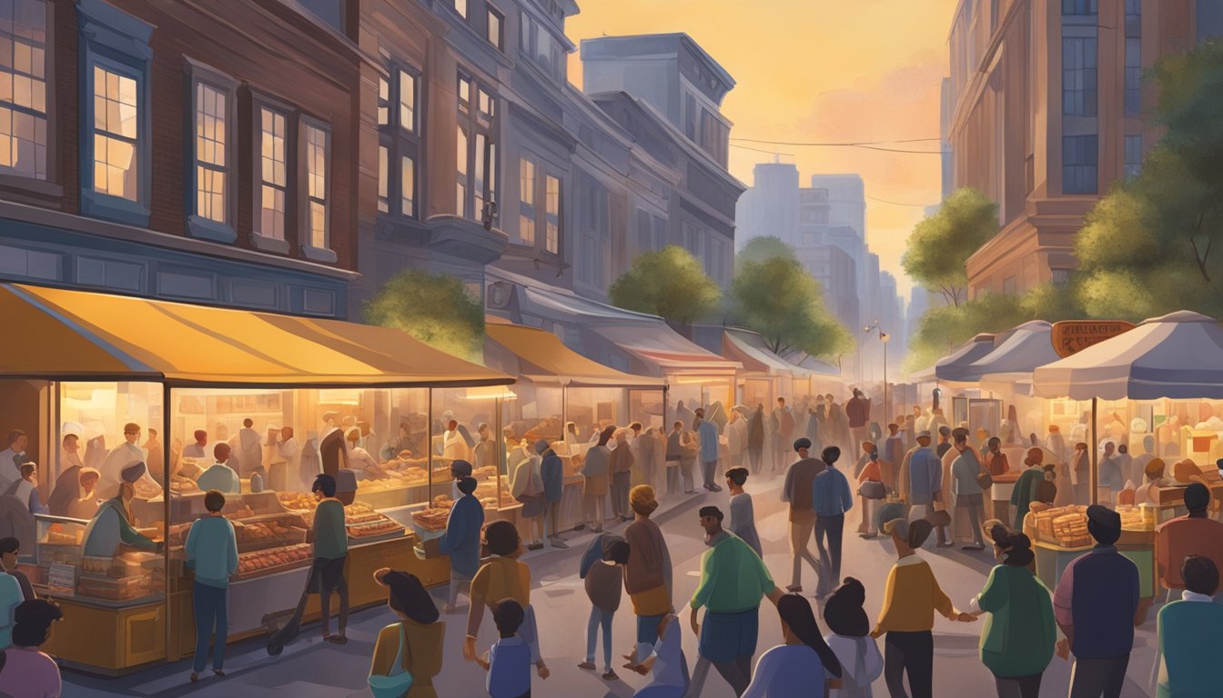 A bustling city street with a vintage hot dog cart surrounded by a crowd of people. A sunrise in the background symbolizes the birth of a breakfast empire