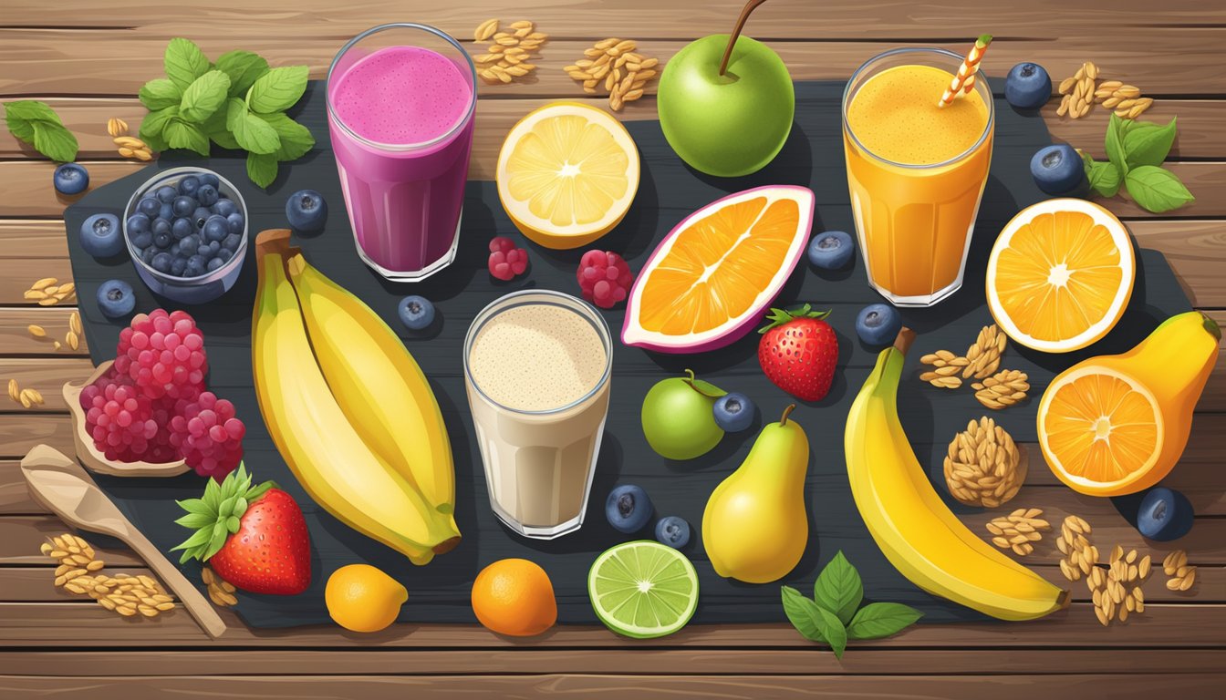 A colorful array of fresh fruits, whole grains, and nutrient-packed smoothies arranged on a rustic wooden table