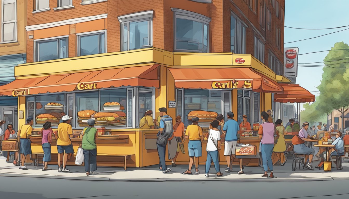 A bustling city street with a vintage hot dog cart surrounded by eager customers, while a modern Carl's Jr. breakfast restaurant looms in the background