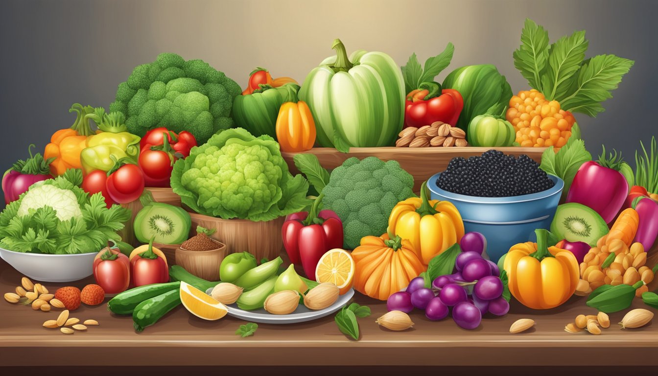 A table set with a variety of colorful, fresh vegetables and fruits, along with grains and nuts, arranged in an inviting and appetizing display