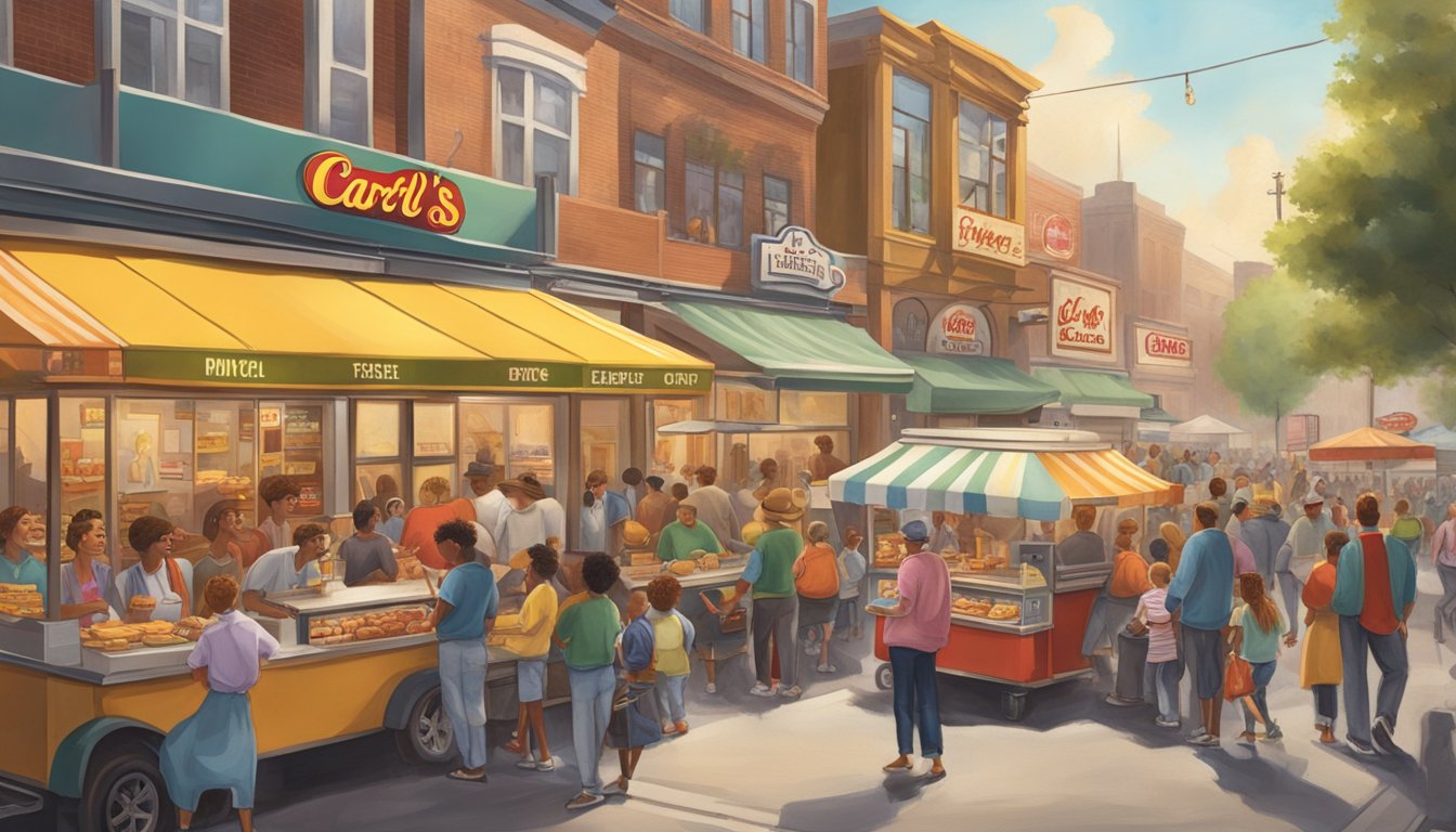 A bustling city street with a vintage hot dog cart at the center, surrounded by a diverse crowd of customers enjoying breakfast items from Carl's Jr