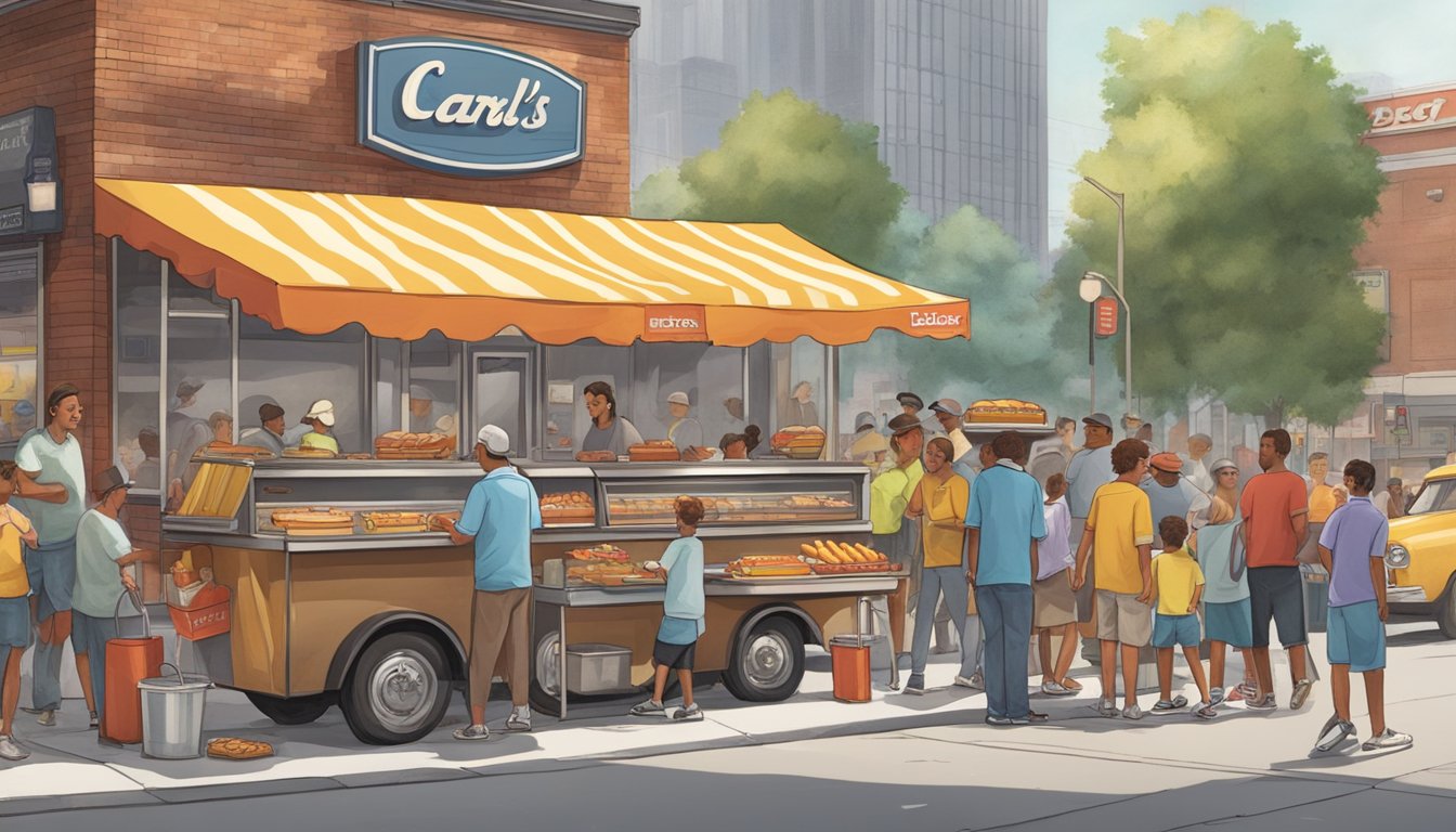 A bustling city street with a vintage hot dog cart surrounded by eager customers, while a modern Carl's Jr. breakfast restaurant stands in the background