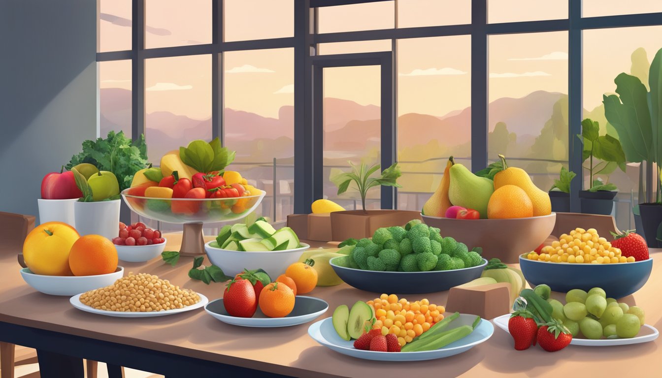 A colorful array of fresh fruits, vegetables, grains, and plant-based proteins displayed on a modern cafe table