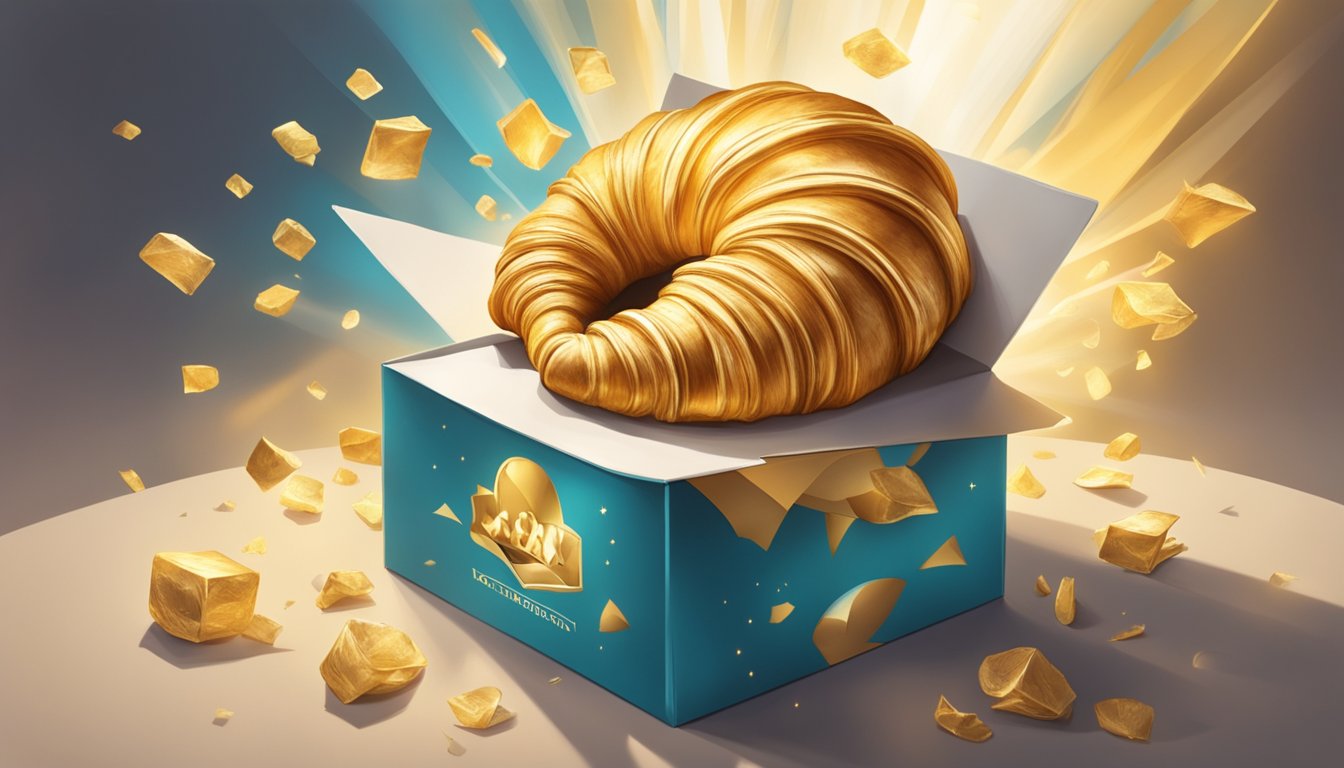 A golden croissant emerges from a Jack in the Box, surrounded by a burst of light and a sense of anticipation