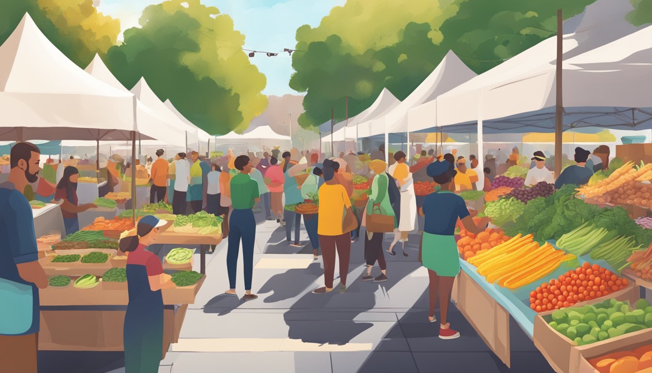 A bustling farmers market with colorful produce stalls, a chef flipping veggie burgers, and a crowd of food enthusiasts sampling plant-based dishes