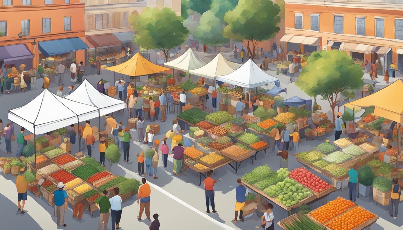 A bustling farmers market with colorful produce stalls and a crowd of diverse people enjoying a variety of vegetarian dishes at Jack's Morning Menu