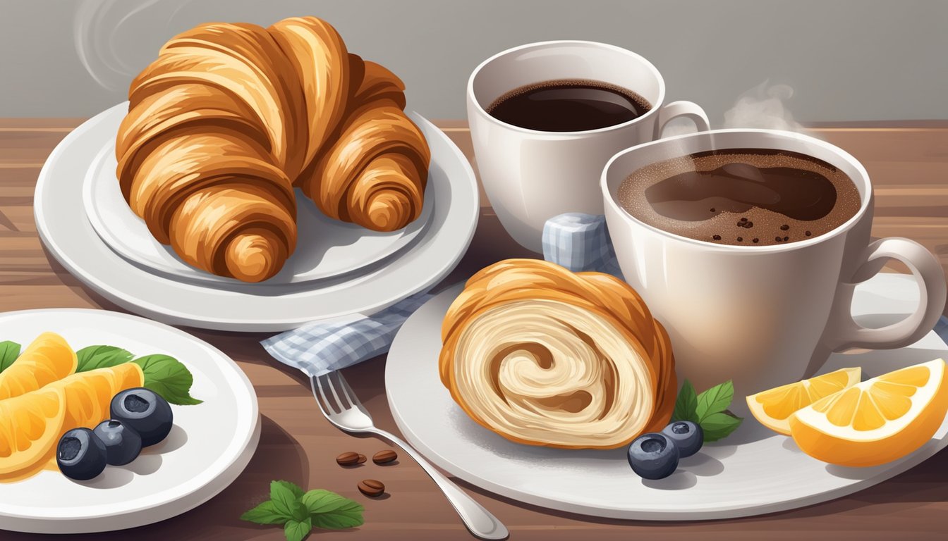 A croissant with nutritional info and dietary symbols, surrounded by fresh ingredients and a steaming cup of coffee on a modern table