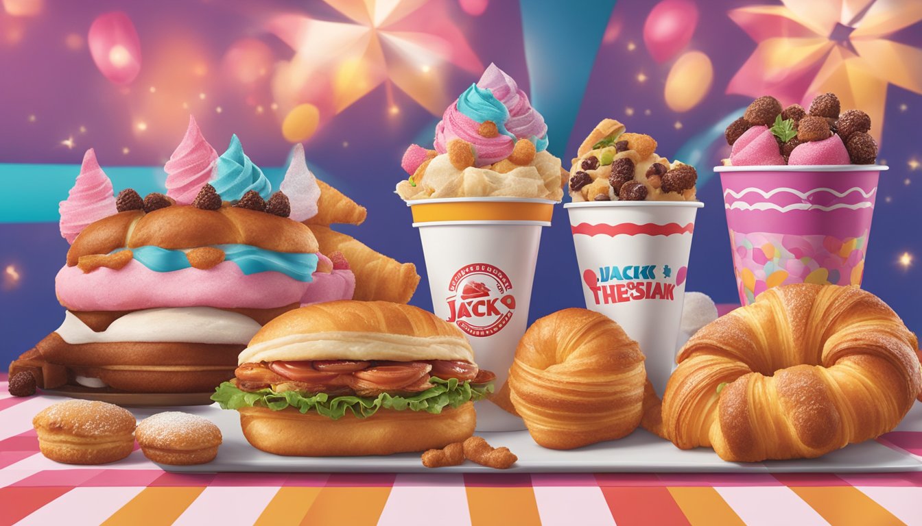 A display of colorful croissants and seasonal treats at Jack in the Box, with vibrant signage and enticing promotions