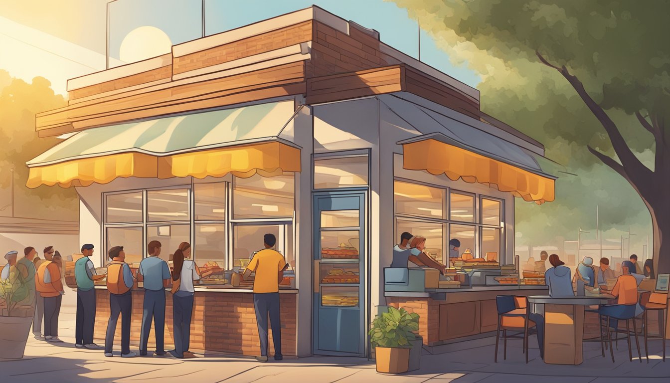 The sun rises over a fast food restaurant, bustling with customers. A team of employees works diligently to serve food, while a manager oversees operations with a focused and determined demeanor