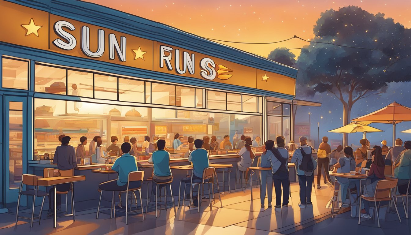 The sun rises over a bustling fast food restaurant, while the day ends with a line of customers under a starry sky