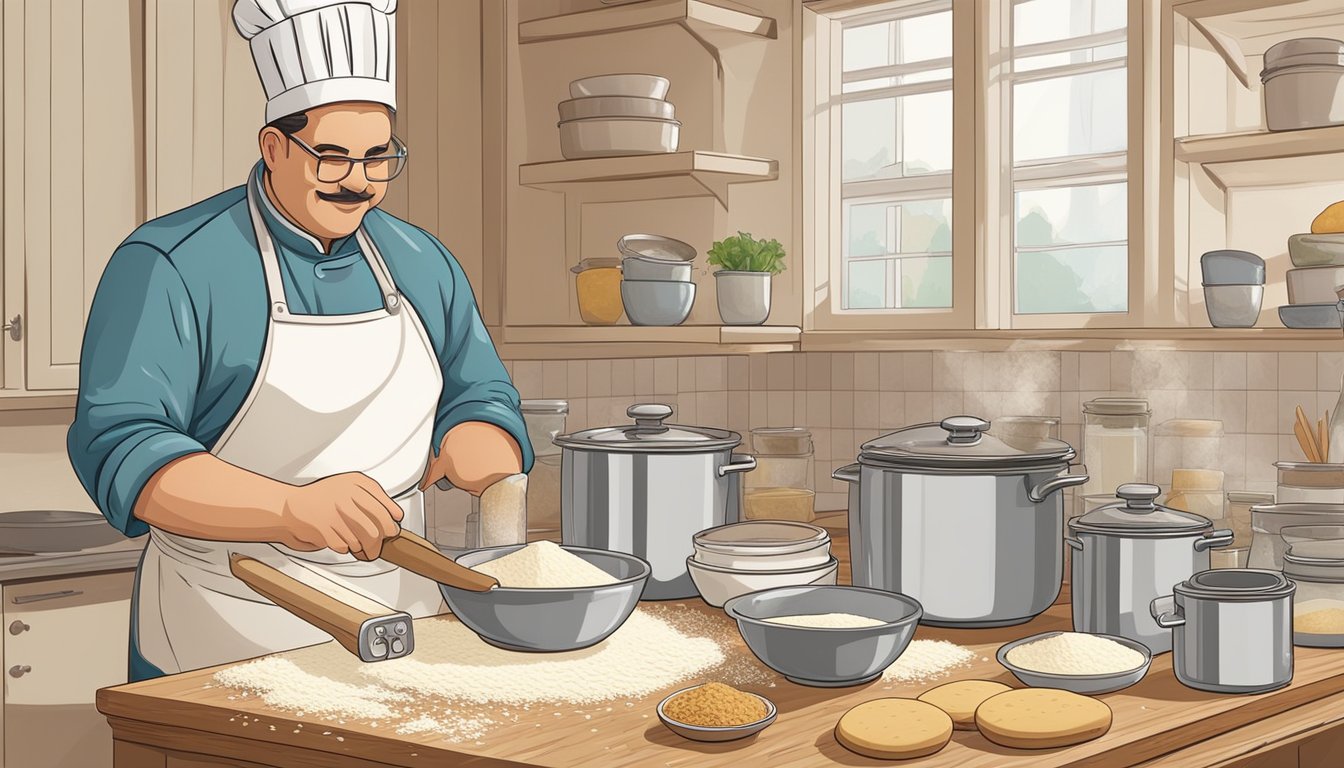 A chef carefully measures and mixes ingredients, surrounded by bowls of flour, butter, and spices. A rolling pin and biscuit cutter sit nearby, ready for use