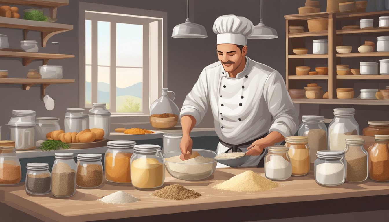 A chef carefully measures and mixes ingredients, surrounded by sacks of flour and jars of spices, creating a perfect biscuit dough