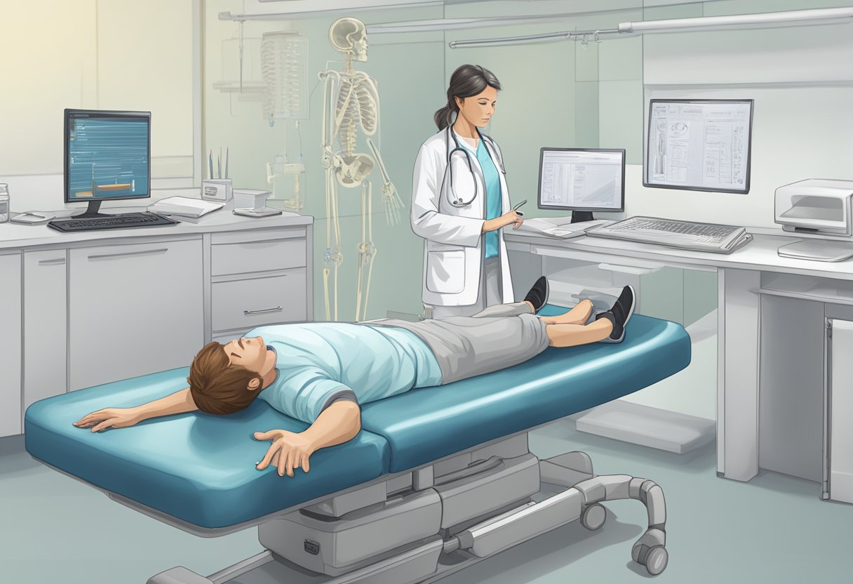 Une personne allongée sur une table d'examen médical, tandis qu'un médecin pointe un diagramme de la colonne vertébrale sur un écran d'ordinateur.