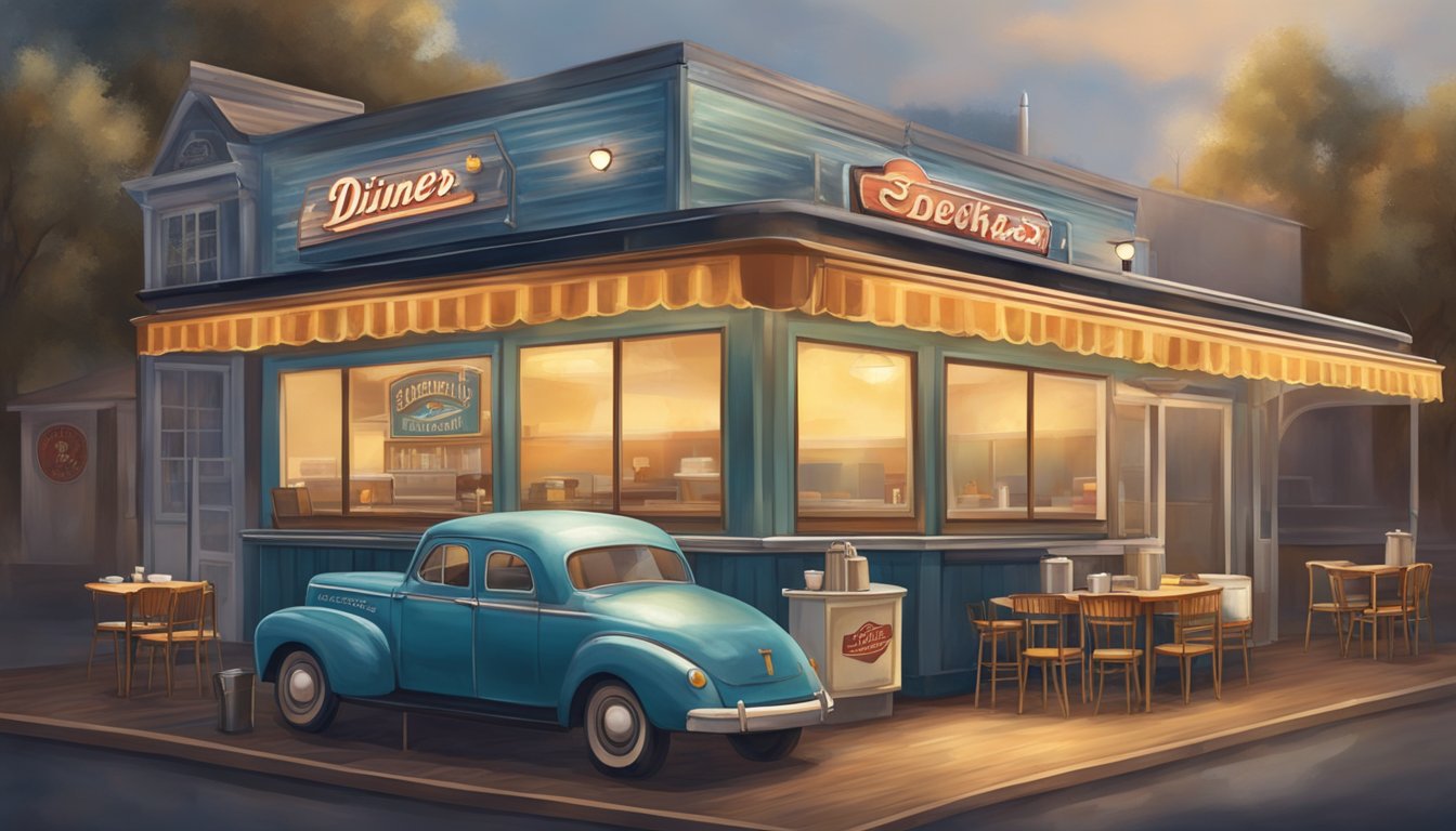 A rustic diner with vintage signage and outdoor seating, serving up a variety of breakfast sandwiches with steaming hot coffee