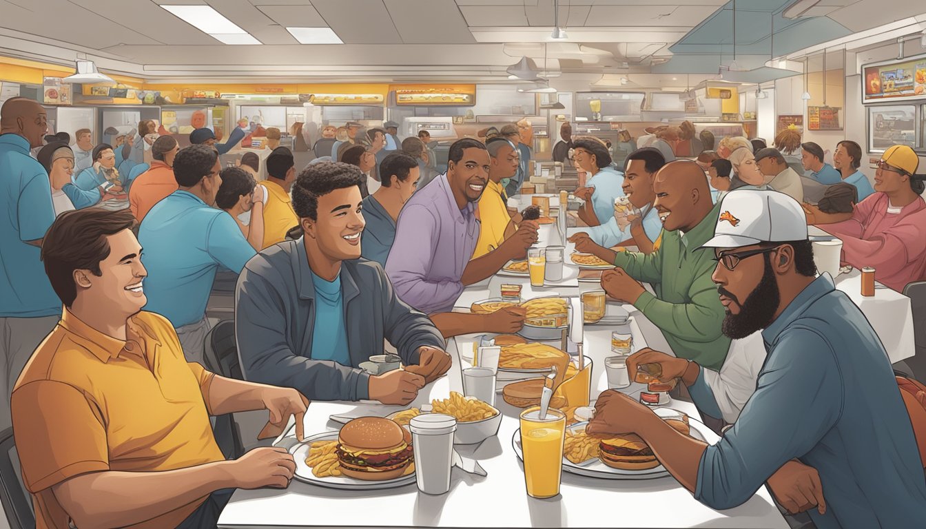 A bustling breakfast scene at a Carl's Jr. and Hardee's restaurant, with customers enjoying their meals and engaging in lively debate over the two brands