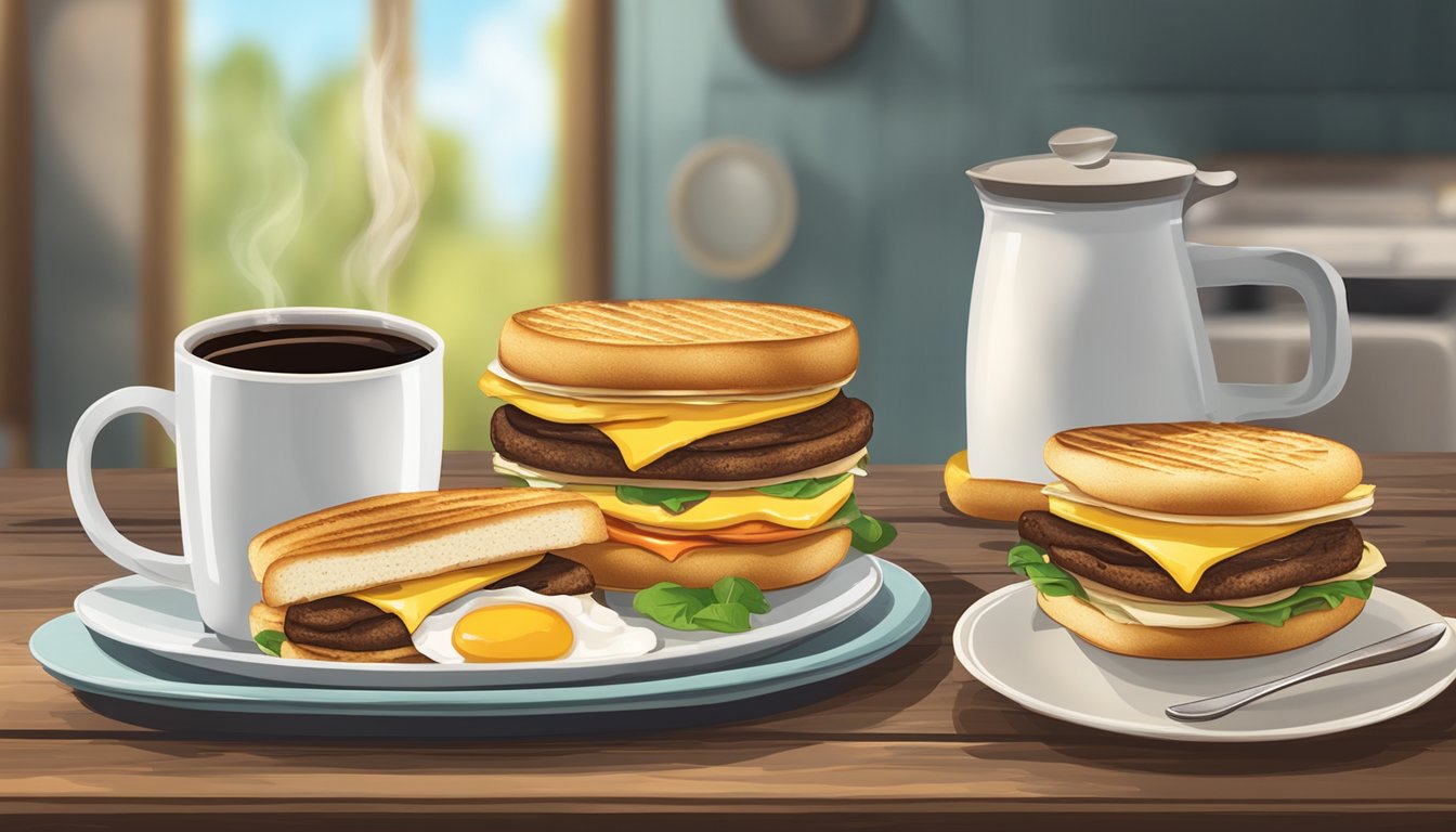 A rustic kitchen table with a plate of stacked breakfast sandwiches, surrounded by scattered coffee beans and a steaming mug