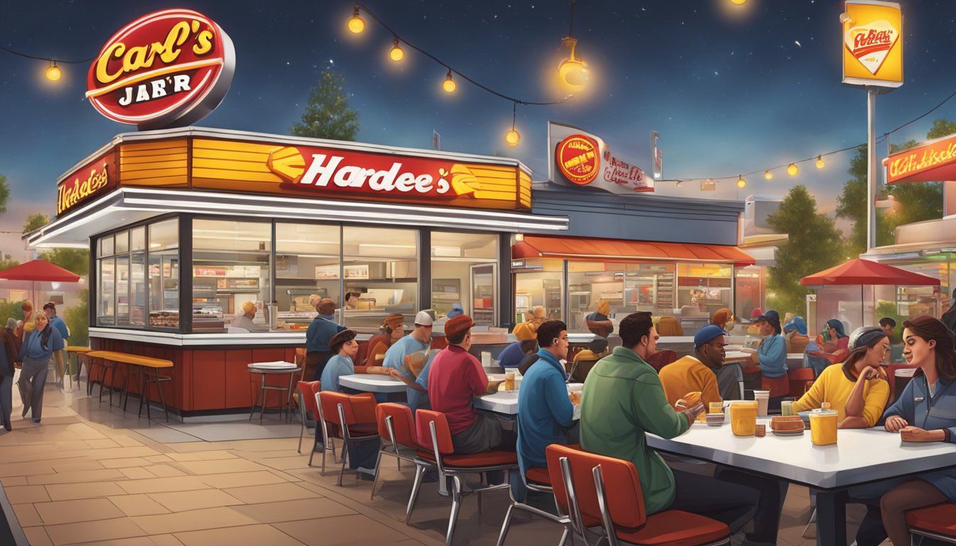 A bustling diner with iconic Carl's Jr. and Hardee's signage, serving up breakfast classics amidst lively debate