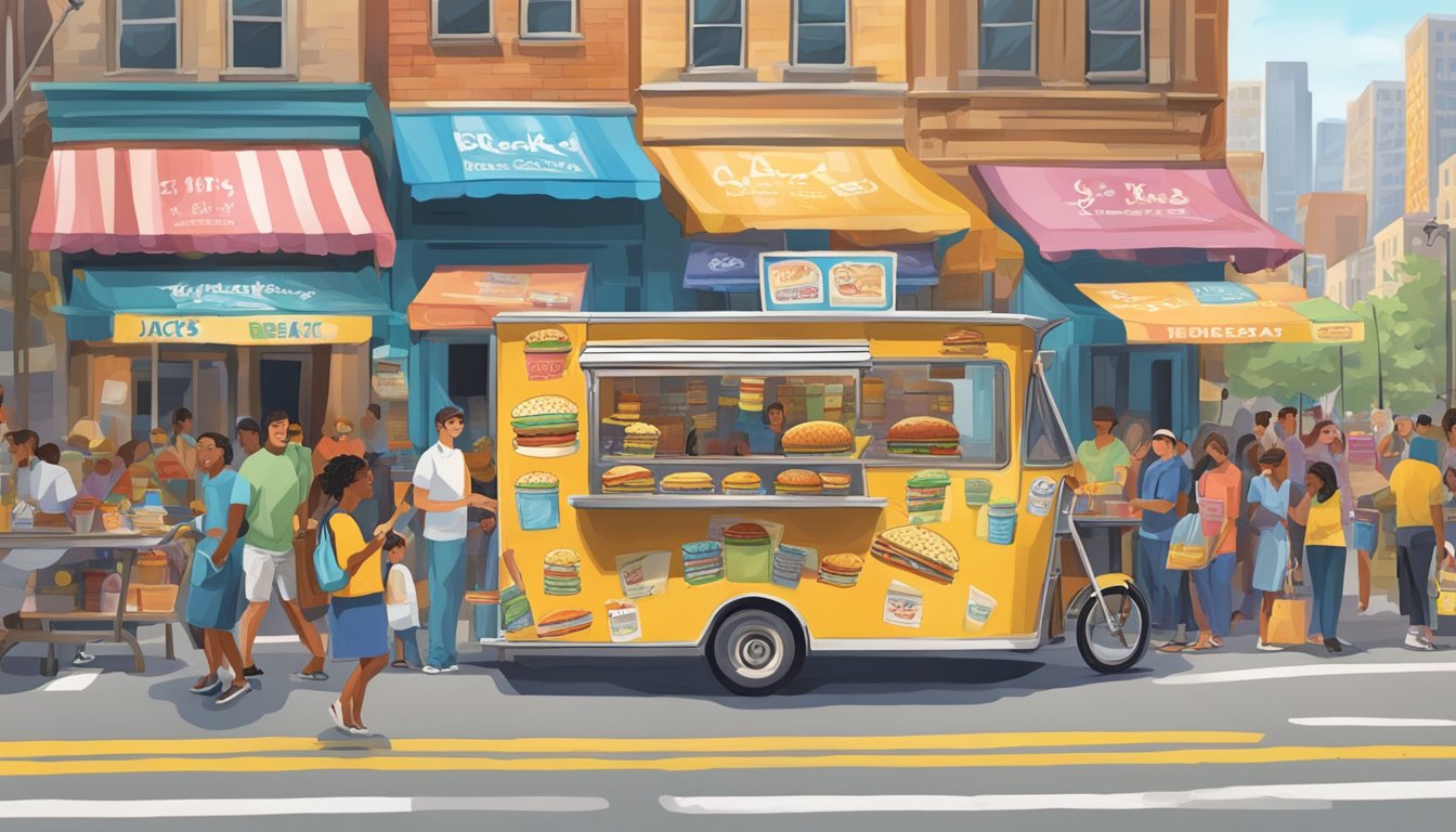 A bustling city street with a food cart surrounded by a crowd. The cart is adorned with colorful signs advertising "Jack's Breakfast Sandwiches."