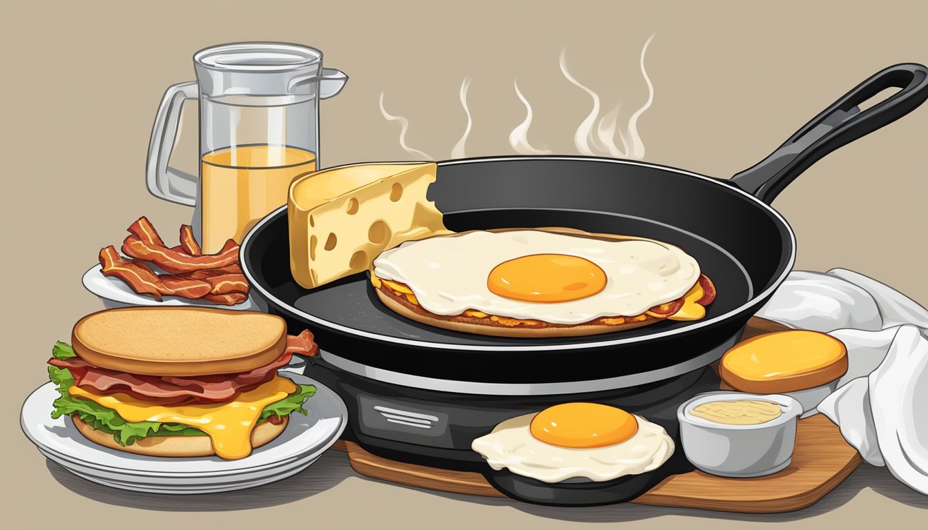 A sizzling skillet holds a tower of eggs, bacon, and cheese between two golden, toasted buns. Steam rises as the ingredients meld together in a mouthwatering breakfast sandwich